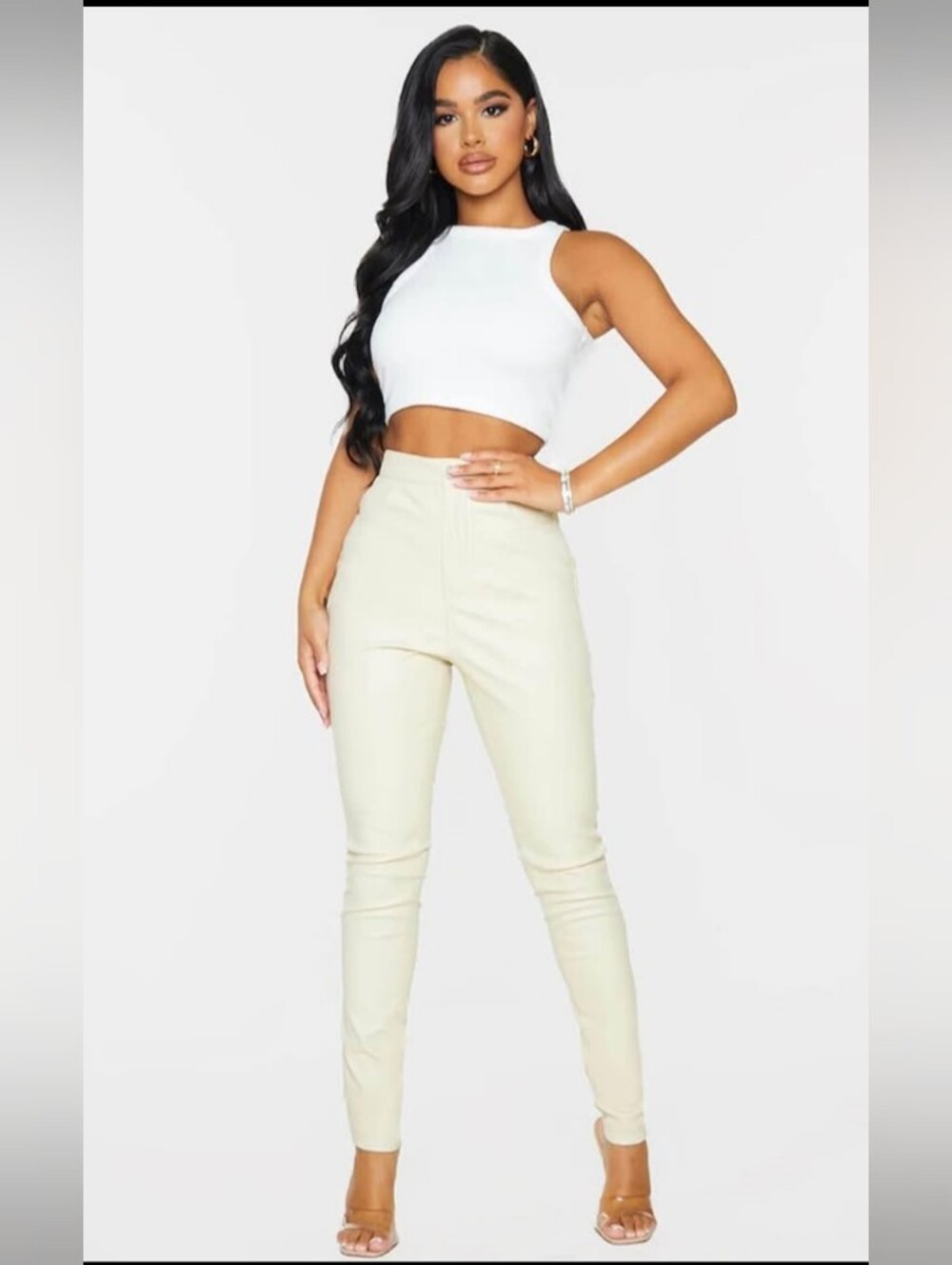 Petite Cream Button Up Faux Leather Skinny Pants